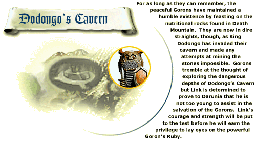 Image of Dodongo's Cavern and an Armos with a story about King Dodongo and the Gorons