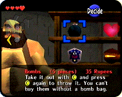 In-game screenshot of the shop in Hyrule Market with Bombs selected