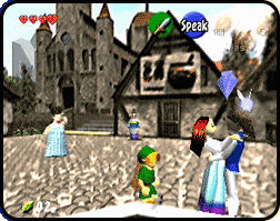Link standing in the Castle Town Market next to a couple with the Temple of Time visible in the background