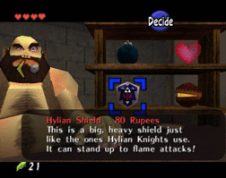 In-game screenshot of the shop in Hyrule Market with the Hylian Shield selected
