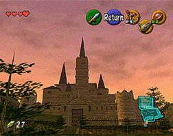 A screenshot of Hyrule Castle at sunset