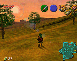 A screenshot of Link standing in Hyrule Field during sunset