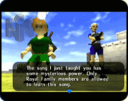 Image of Link and Impa outside Hyrule Castle Town. Impa is talking to Link about Zelda's Lullaby