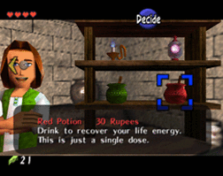 In-game screenshot of the shop in Hyrule Market with a Red Potion selected