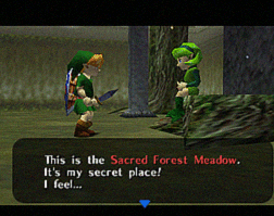 Link talking to Saria in the Sacred Forest Meadow
