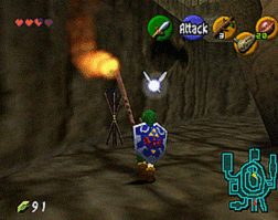 Link holding a Deku Stick on fire running to a unlit torch