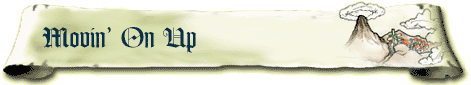 A scroll-like paper with the text 'Movin On Up' on the left and an image of Death Mountain on the right