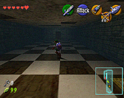 Link running through a checkerboard room.
