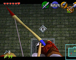 Link aiming his bow at a golden diamond with an eye on the wall.