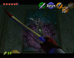 Link shooting an arrow at Phantom Ganon.