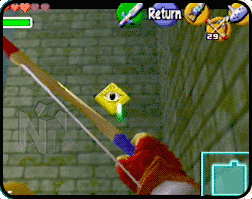 Link shooting an arrow from his bow towards a golden diamond on the wall with an open eye.