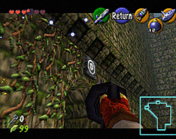 Link using his hookshot to move to the other balcony.