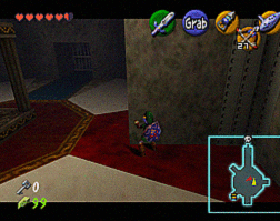 Link pushing a wall to turn the room around.