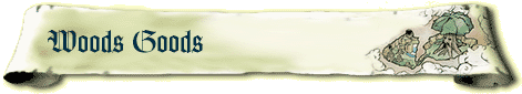 A scroll-like paper with the text 'Woods Goods' on the left and an image of a tree on the right