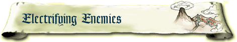 A scroll-like paper with the text 'Electrifying Enemies' on the left and an image of Death Mountain on the right