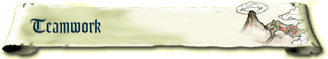 A scroll-like paper with the text 'Teamwork' on the left and an image of Death Mountain on the right