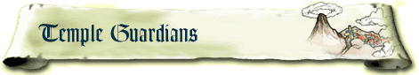 A scroll-like paper with the text 'Temple Guardians' on the left and an image of the Death Mountain on the right