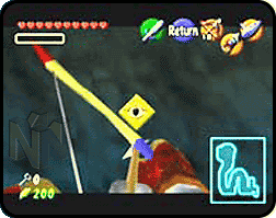 Link aiming at a golden diamond with an eye on the wall.