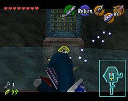 Link shooting his bow at an eye target on the wall.