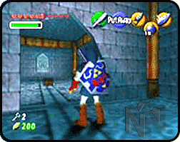 Link standing next to an opening in the wall which opens to a room with a chest in it.