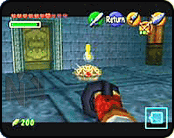Link pointing the hookshot at a Shell Blade.