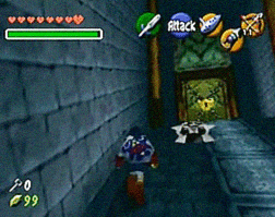 Link running up the ramp to the Boss Door, dodging spike traps.