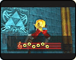 Link playing Zelda's Lullaby next to a Triforce emblem on the wall.