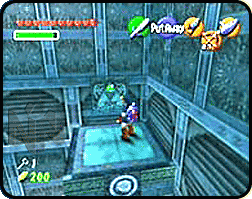 Link standing next to a triforce emblem on the wall.