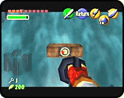 Link pointing the hookshot at a platform in a waterfall.