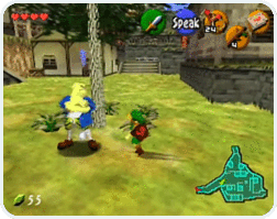 Link is running by the boss of the carpenters who is standing under a tree in Kakariko Village.