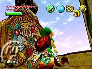 Link standing next to a colorful clock tower